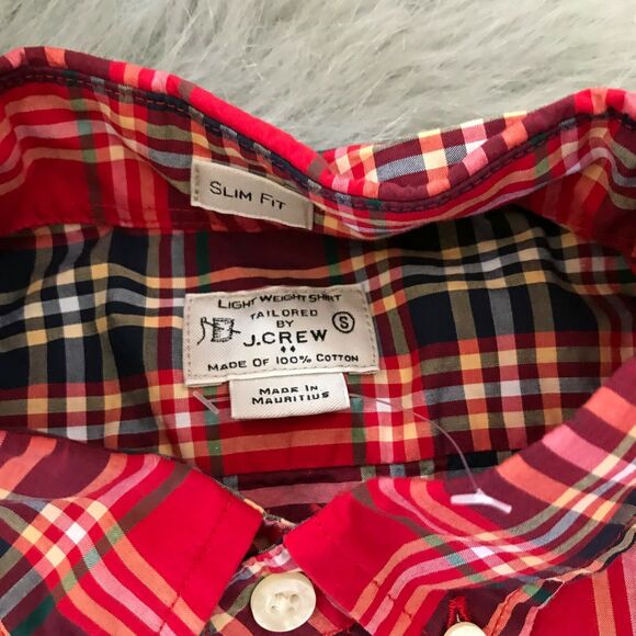 J. Crew Factory Mens Shirt S Red Navy Plaid Slim Green Yellow‎ Preppy Fit Button - Picture 3 of 6